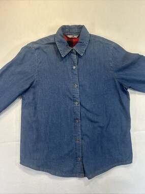 Riders by Lee Denim Shirt Womens Medium Blue Button Front Plaid Lined